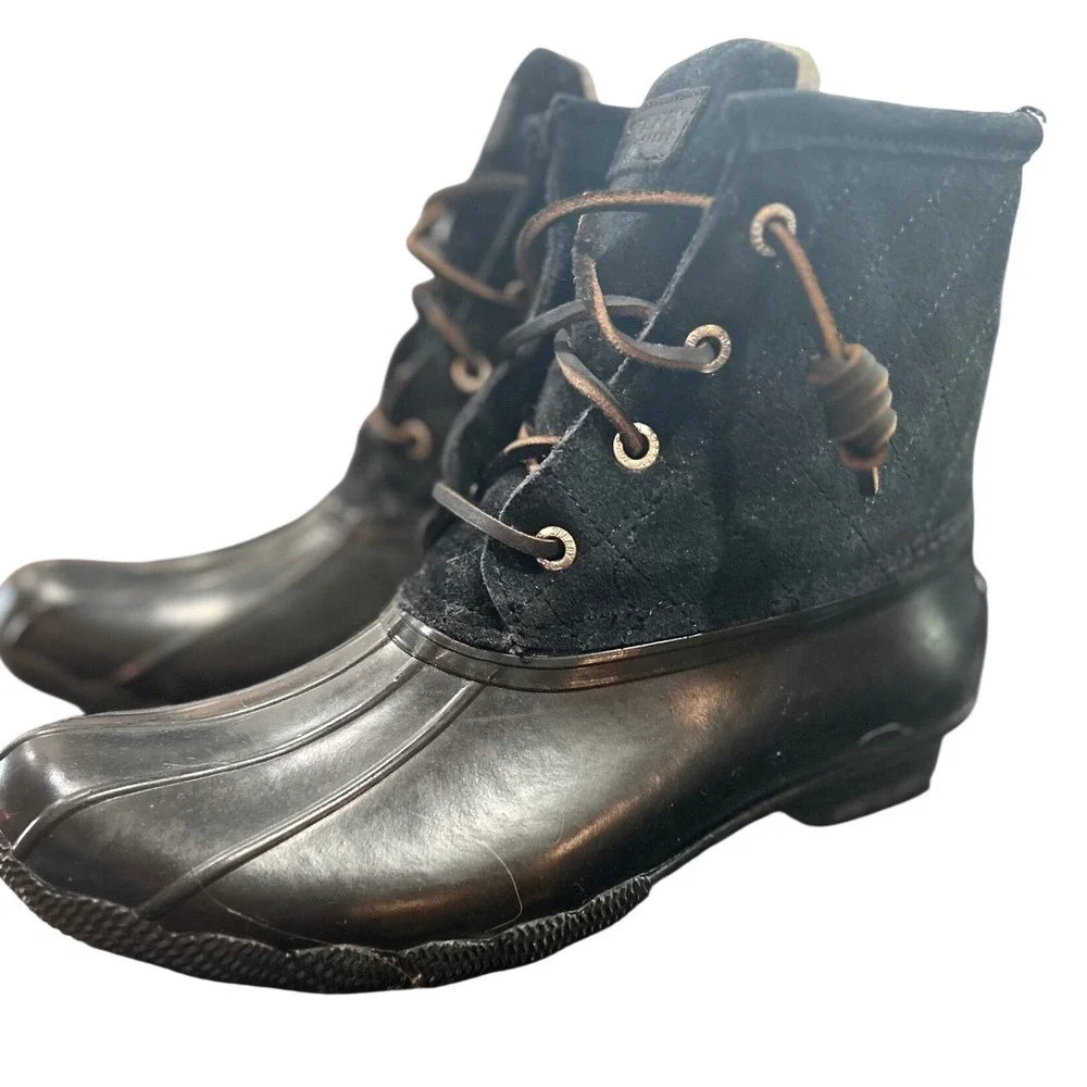 Sperry Saltwater Duck Boots Women Black Excellent Quilted Suede Ankle Boots